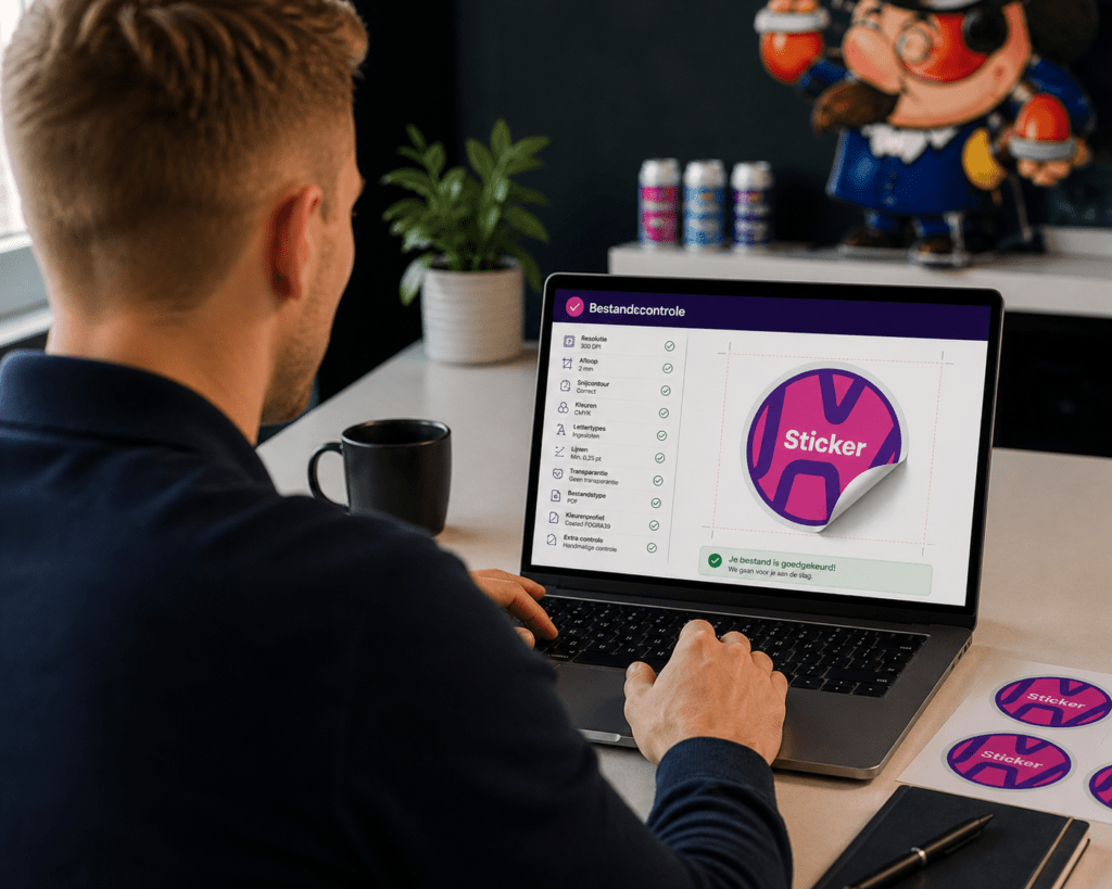 Bestandscontrole van een stickerontwerp op een laptop